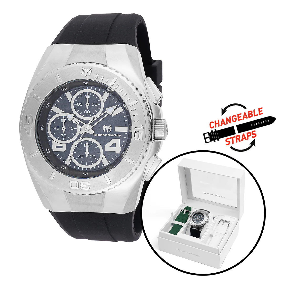 TechnoMarine Cruise Original Men's Watch w/ Mother of Pearl Dial - 43mm, Black, White, Green with Interchangeable Strap (TM-124029)