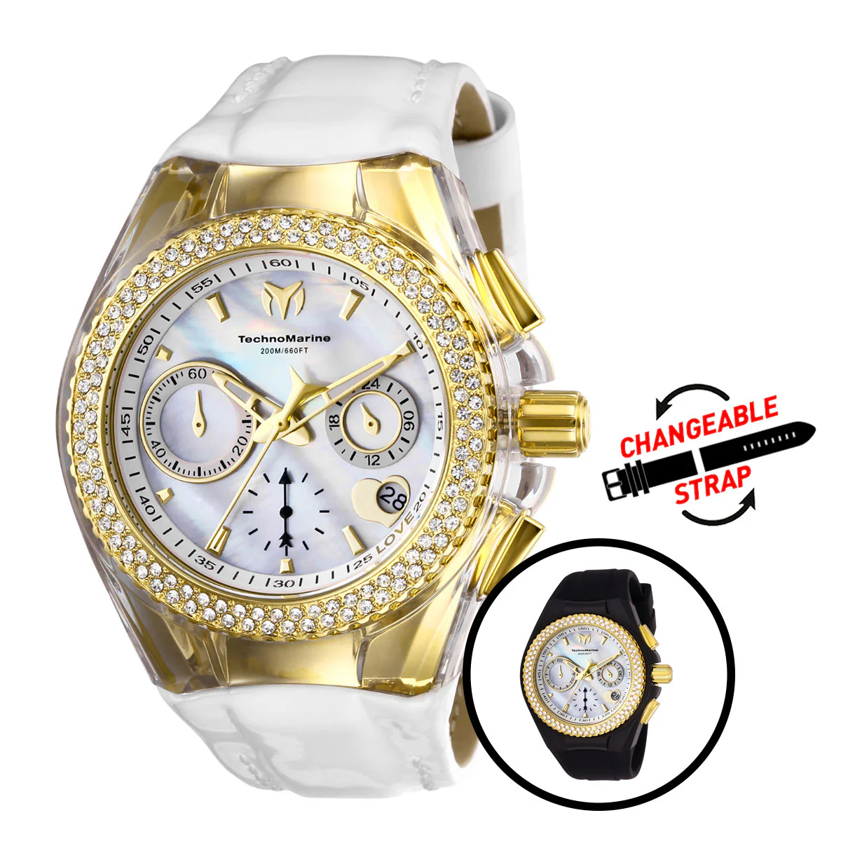 TechnoMarine Cruise Valentine Women's Watch - 40mm, White, Black with Interchangeable Strap (TM-117046)