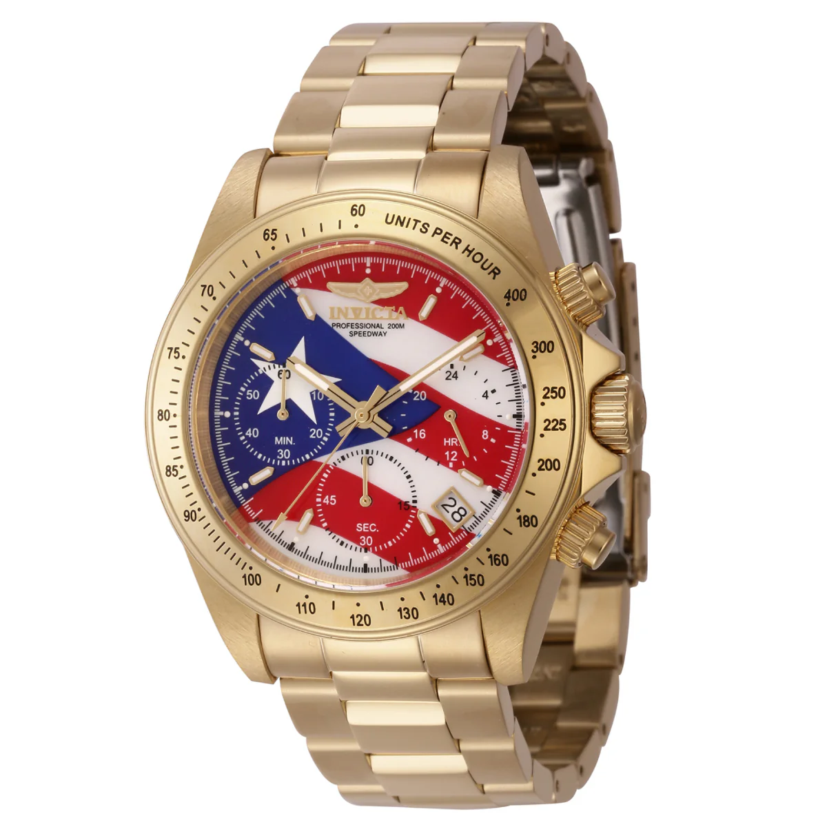 Invicta Speedway Puerto Rico Flag Men's Watch w/ Mother of Pearl Dial - 40mm, Gold (46112)