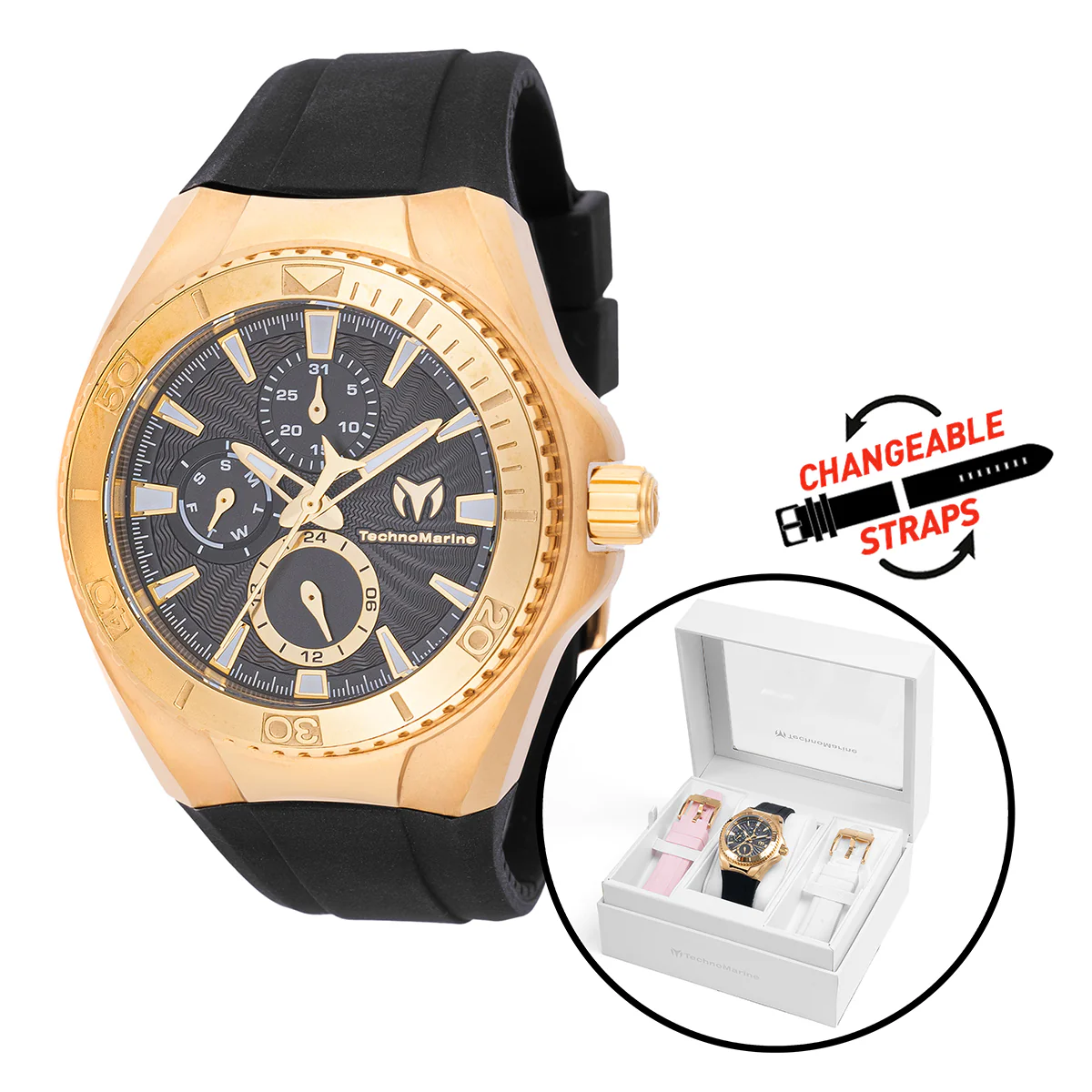 TechnoMarine Cruise California Unisex Watch - 40.57mm, Black, White, Light Pink with Interchangeable Strap (TM-124023)