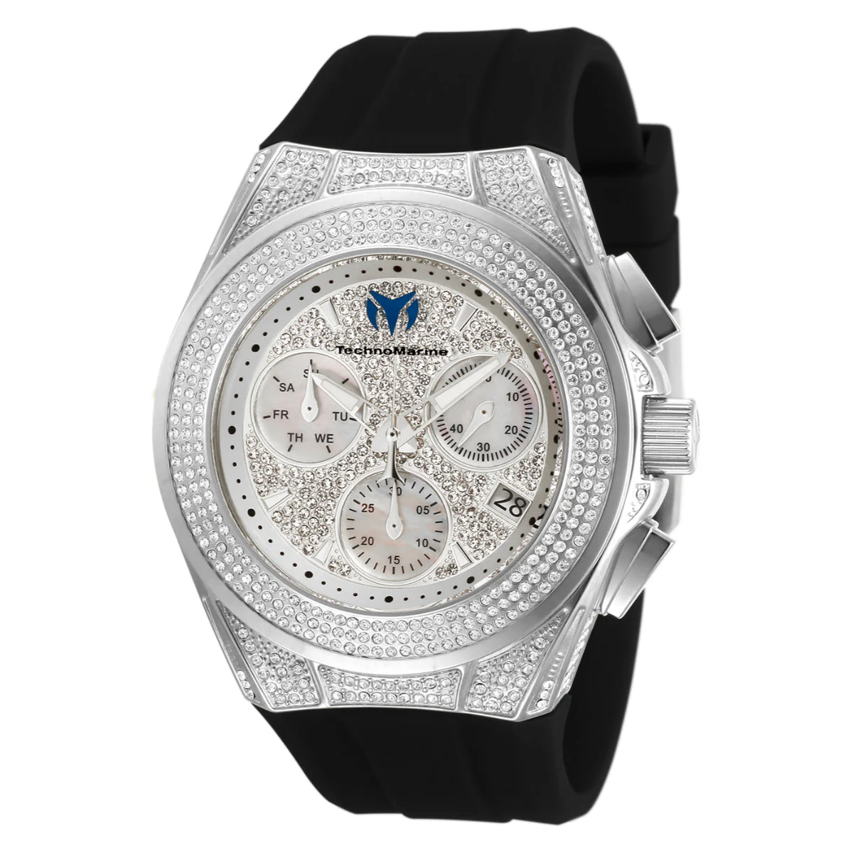 TechnoMarine Cruise Diva Pave Swiss Ronda Z60 Caliber Women's Watch w/ Pave & Mother of Pearl Dial - 45mm, Black (TM-118107)