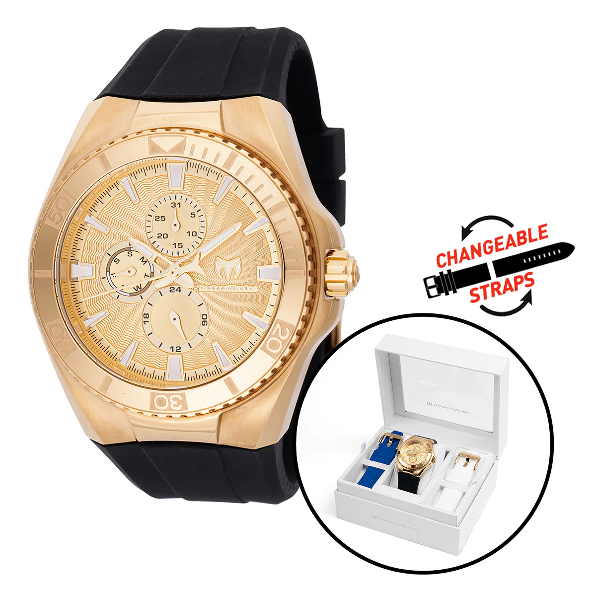 TechnoMarine Cruise California Men's Watch - 45mm. Black, White, Blue with Interchangeable Strap (TM-124018)