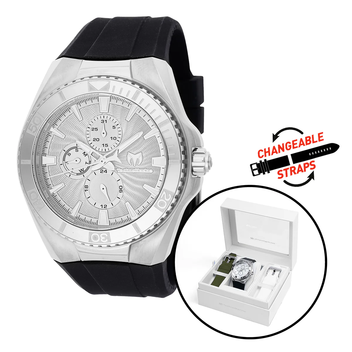 TechnoMarine Cruise California Men's Watch - 45mm. Black, White, Green with Interchangeable Strap (TM-124016)