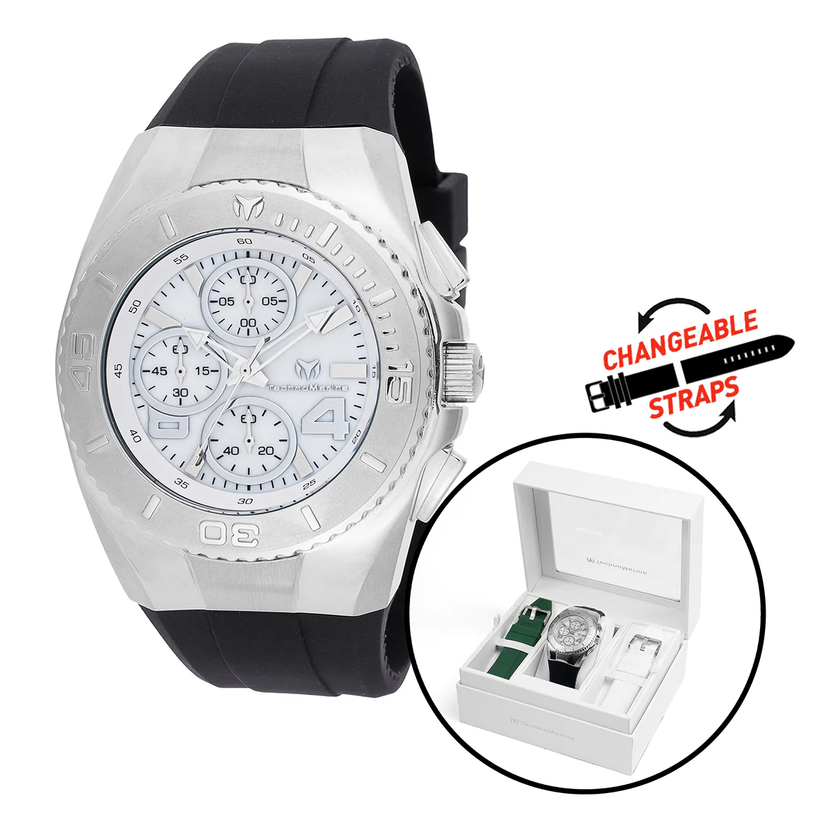 TechnoMarine Cruise Original Men's Watch w/ Mother of Pearl Dial - 43mm, Black, White, Green with Interchangeable Strap (TM-124028)